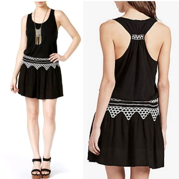 Lucky Brand Linen Blend Black & White Embroidered Racerback Mini Dress | SZ S - Picture 1 of 12